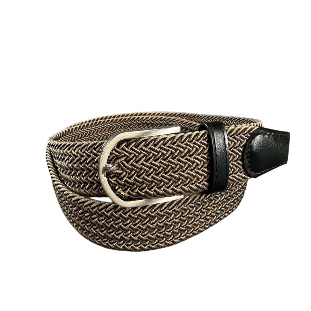 Unbranded Brown Tan Braided Woven Stretch Belt Black Trim Silver Buckle 43in